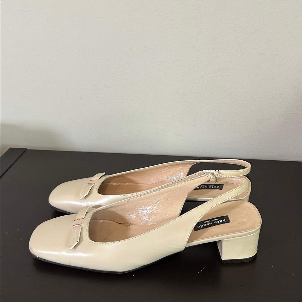 Kate Spade Slingback Heel Tan Bow Square Toe Logo Leather Made in Italy Sz 8 - Picture 6 of 10
